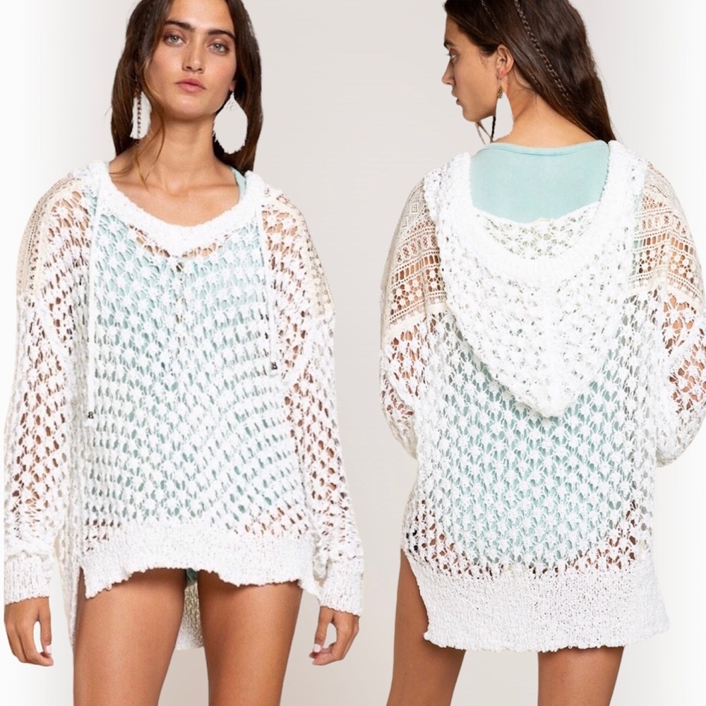 POL White Open-Knit Hooded Scoop Neck Sweater